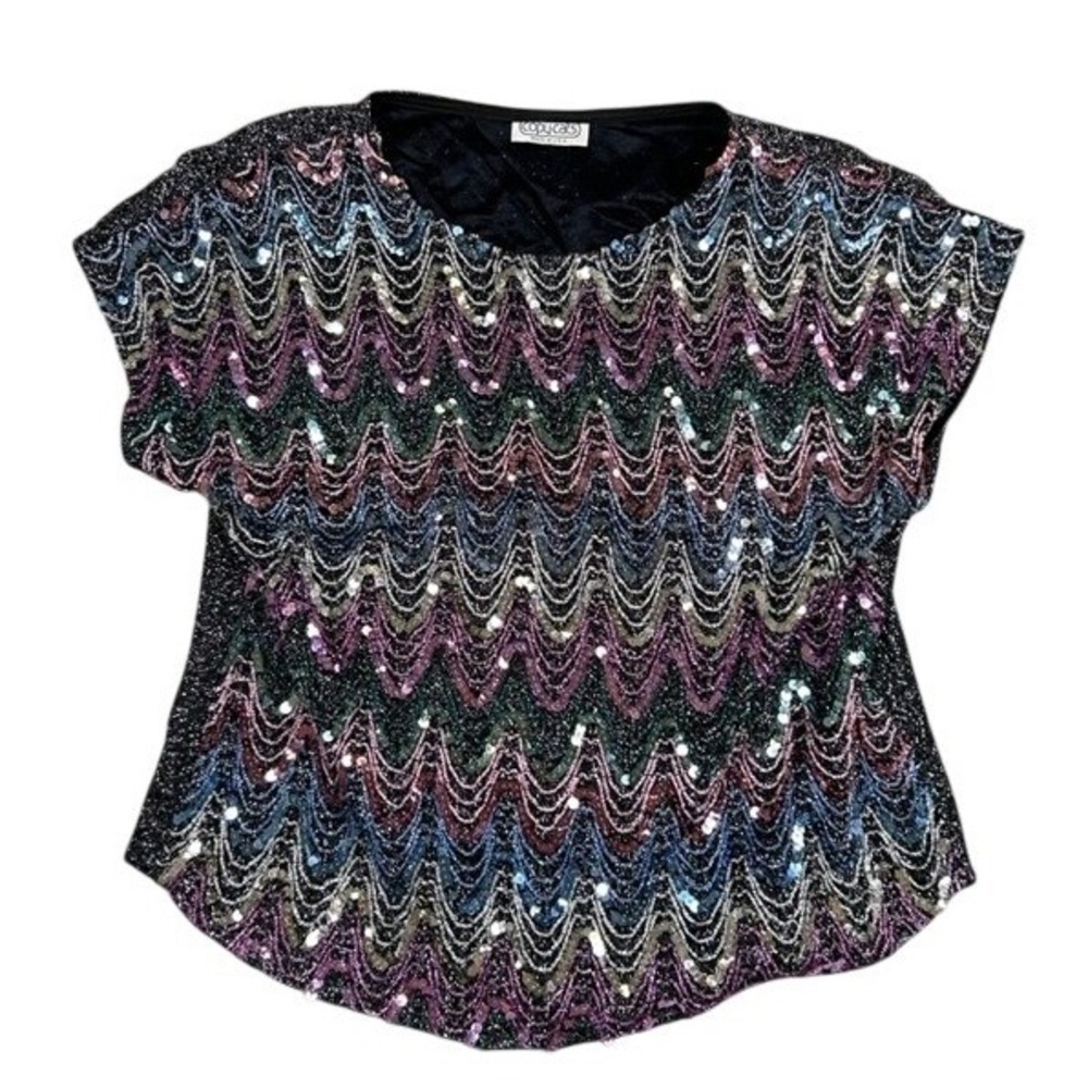 Vintage Copy Cats Sequin Metallic Wavy Chevron Top Black Multi Made in USA